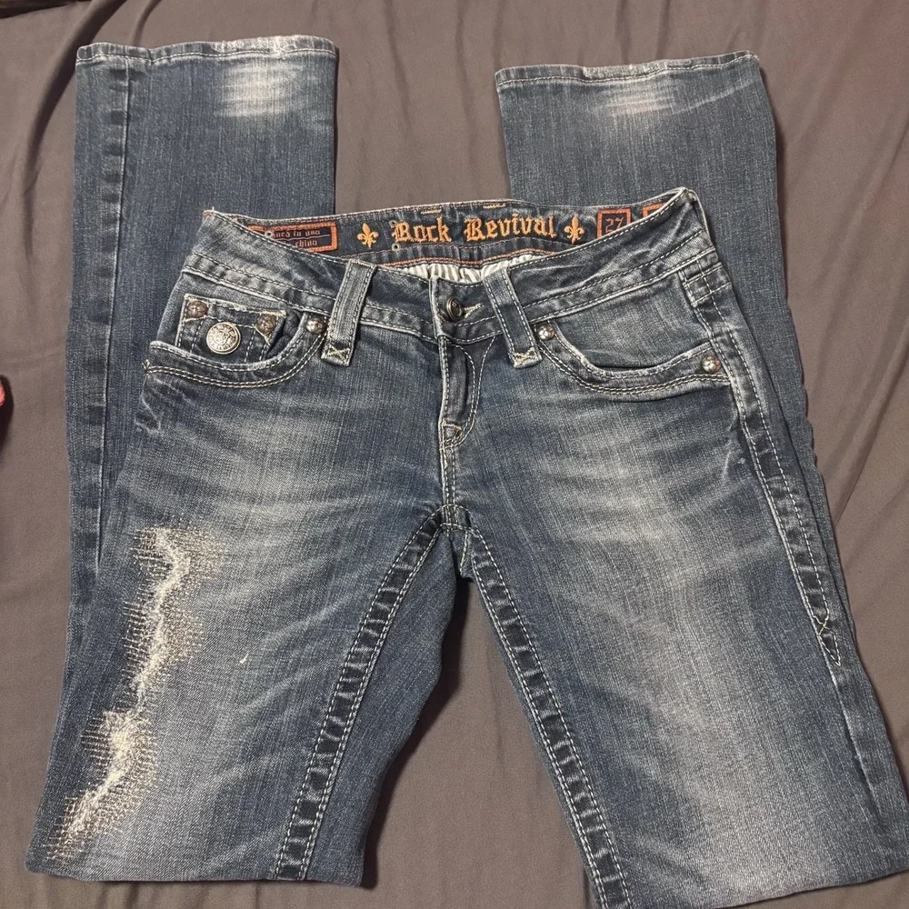 Y2K Rock Revival Celine Boot Cut Jeans Size 27 Distressed Flap Pocket Blue Denim